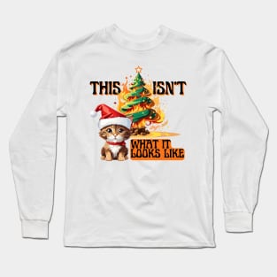 Funny Christmas Cat with Santa Hat Sitting in Front of Burning Tree Long Sleeve T-Shirt